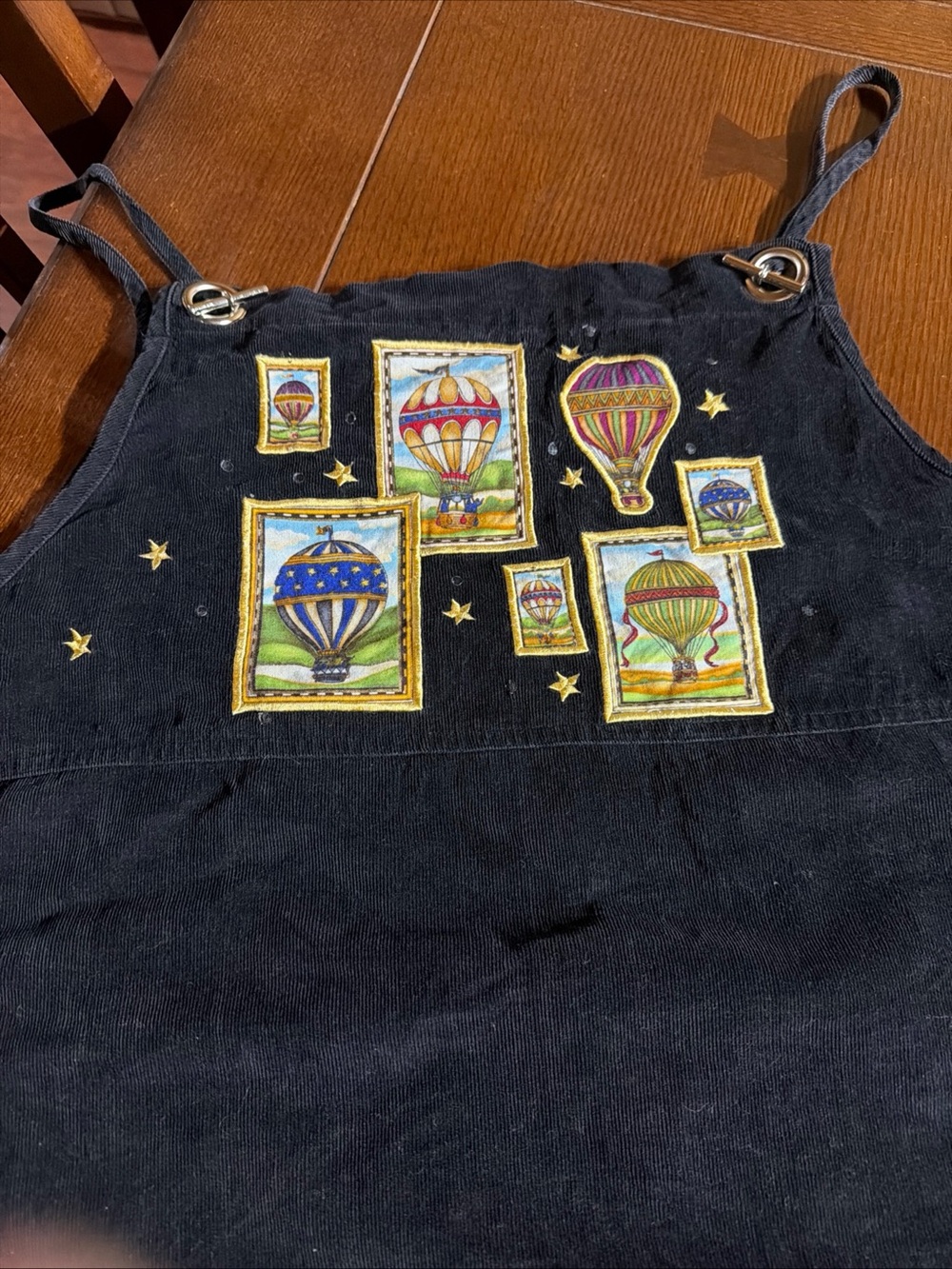 Quacker Factory Black Overalls with Colorful Hot Air Balloon Patches